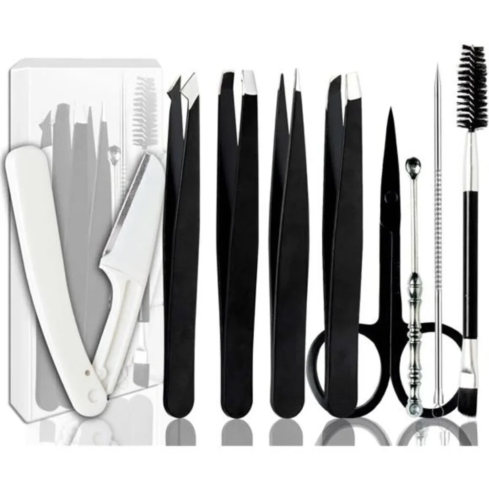 9-Piece Eyebrow Grooming Kit W/ Carrying Case - Razor, Scissors & Brush Tool Set